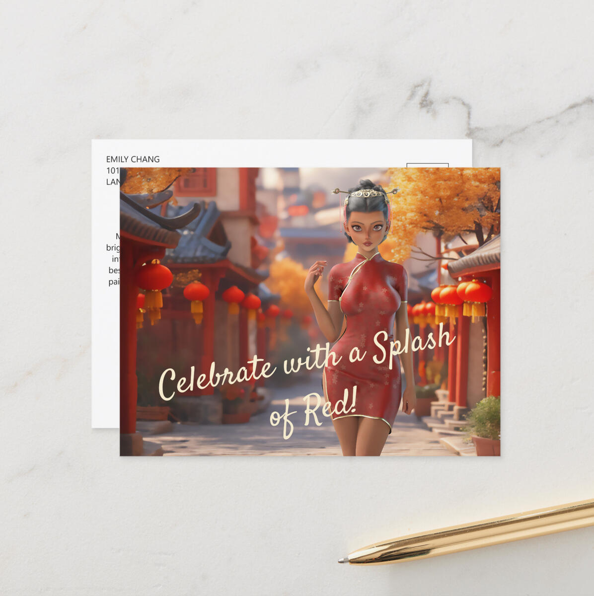 Exotic Toon Girl Celebrating Chinese New Year Postcard