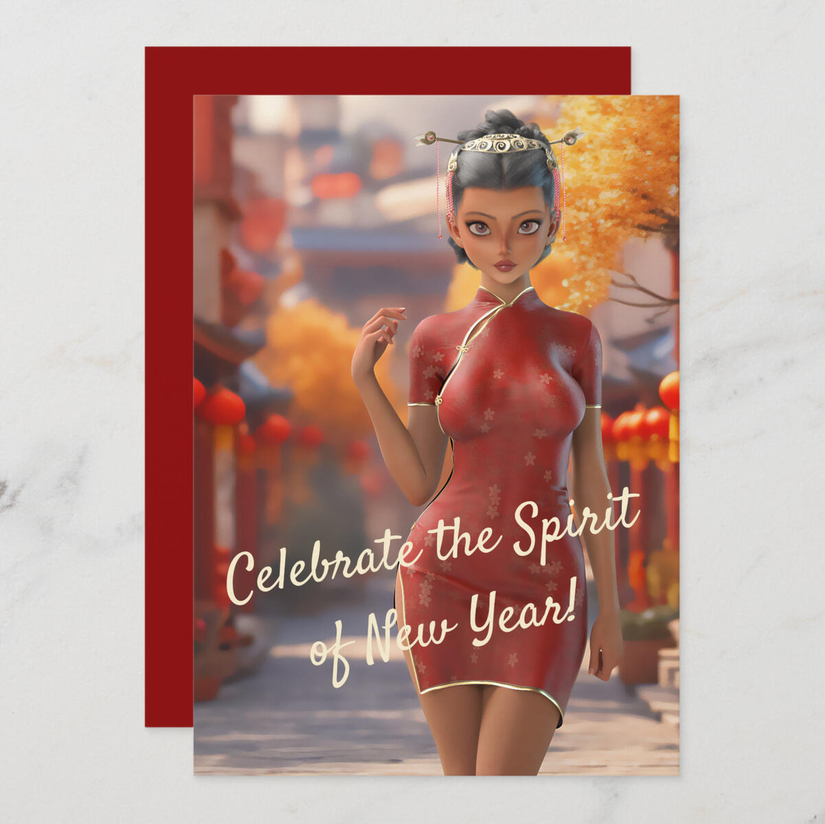 Exotic Toon Girl Celebrating Chinese New Year Holiday Card